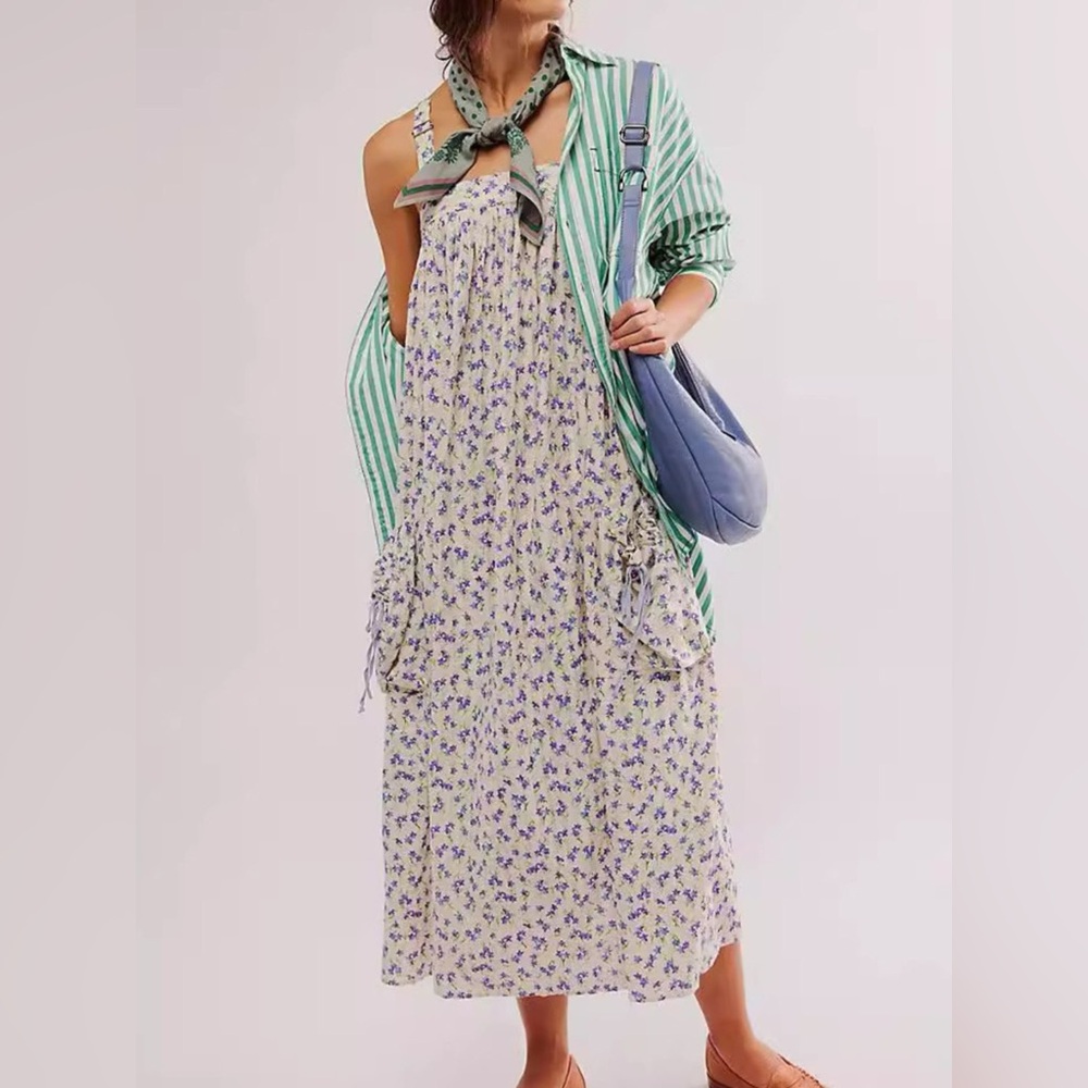 NWT Lavender Floral Square Neck Pocket Maxi Dress Size S-L